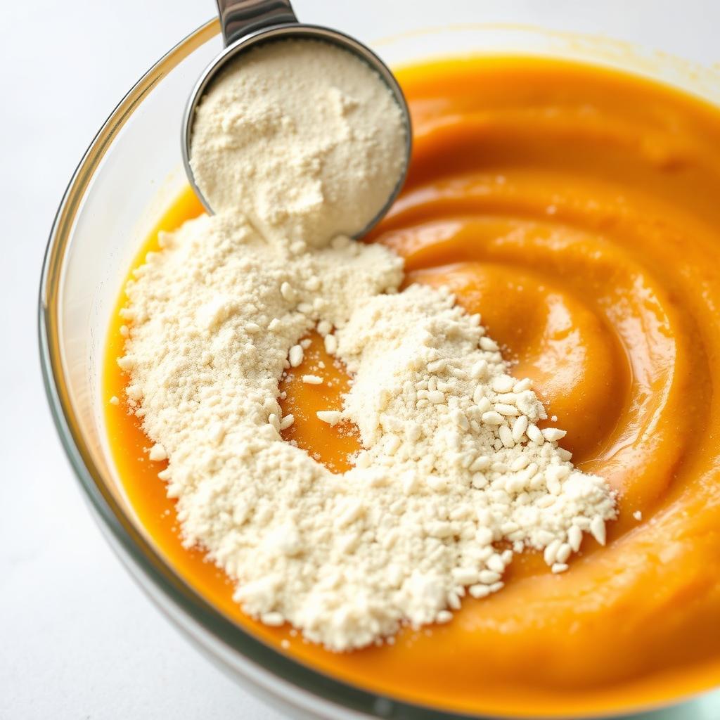 Pumpkin chia pudding with a scoop of protein powder being added Pumpkin chia pudding with a scoop of protein powder being added