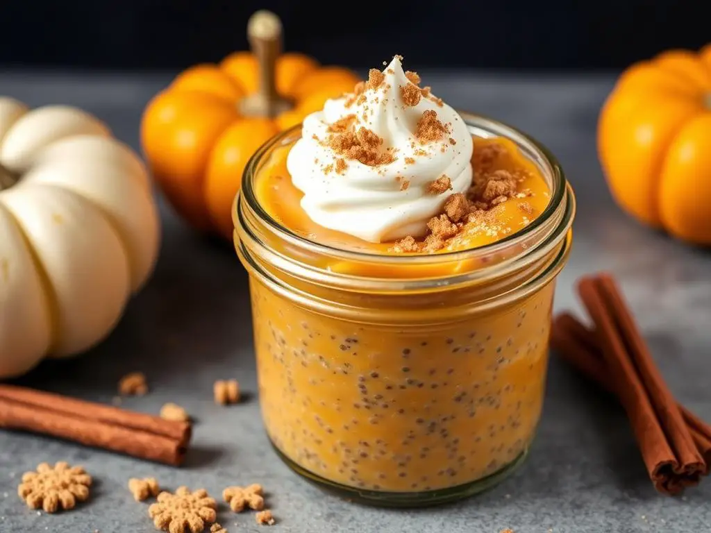 Pumpkin pie chia pudding in a small jar topped with crushed graham crackers Pumpkin pie chia pudding in a small jar topped with crushed graham crackers