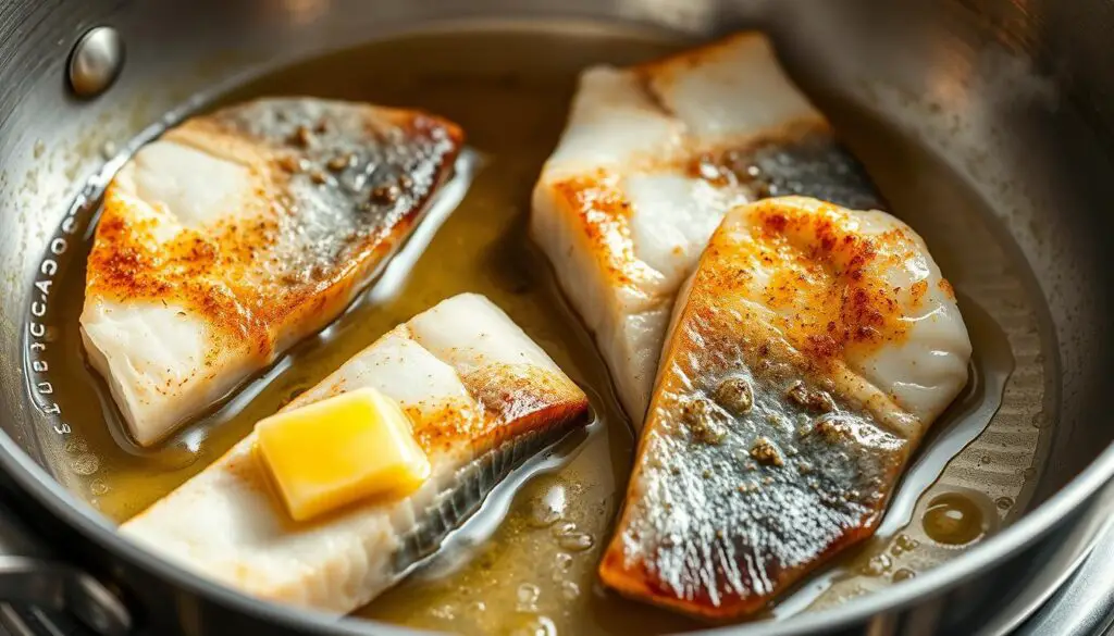 Sea bass fillets cooking in a skillet with butter and olive oil Sea bass fillets cooking in a skillet with butter and olive oil