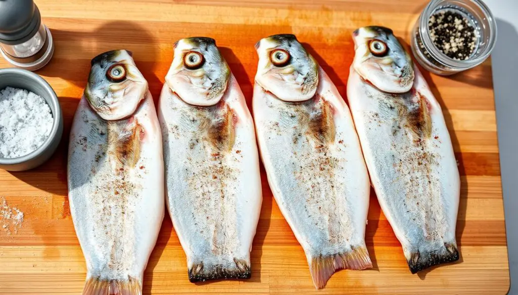 Seasoned sea bass fillets on a cutting board ready to be cooked Seasoned sea bass fillets on a cutting board ready to be cooked