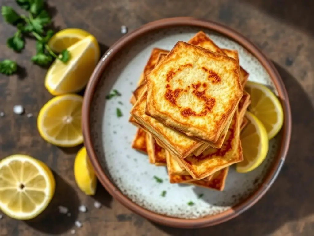 Sicilian panelle fritters stacked on a plate with lemon wedges Sicilian panelle fritters stacked on a plate with lemon wedges