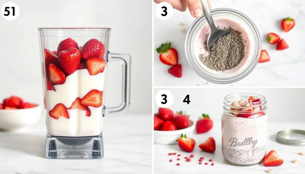 Step-by-step process of making strawberry chia pudding Step-by-step process of making strawberry chia pudding