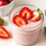 Strawberry chia pudding in a glass jar topped with fresh strawberries
