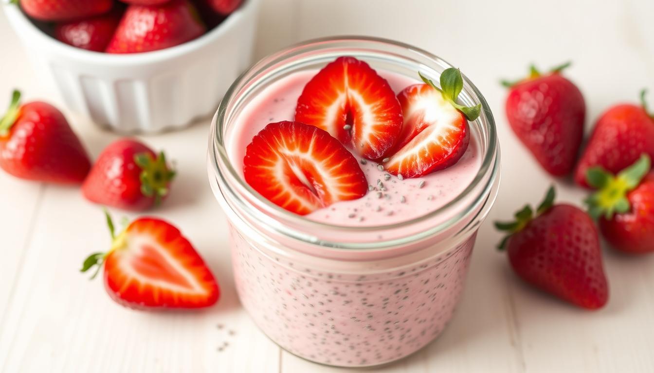 Strawberry chia pudding in a glass jar topped with fresh strawberries