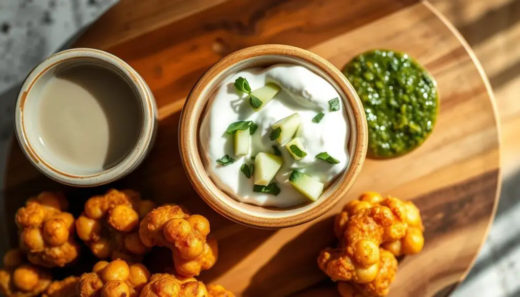 Three different dipping sauces for chickpea fritters in small bowls Three different dipping sauces for chickpea fritters in small bowls