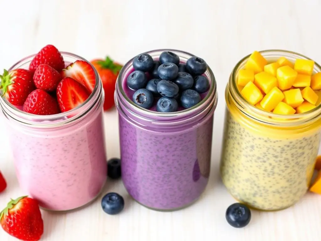Three different variations of chia pudding in jars Three different variations of chia pudding in jars