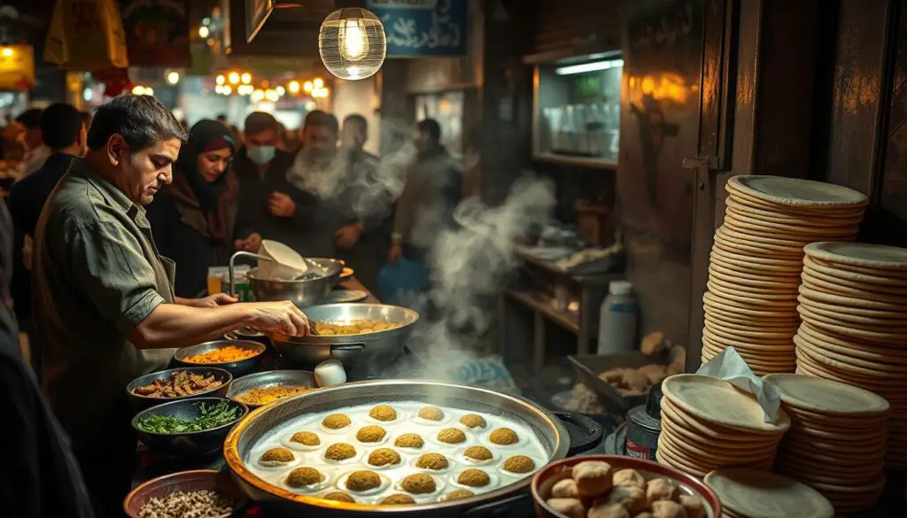 Traditional Egyptian falafel vendor at a street market Traditional Egyptian falafel vendor at a street market