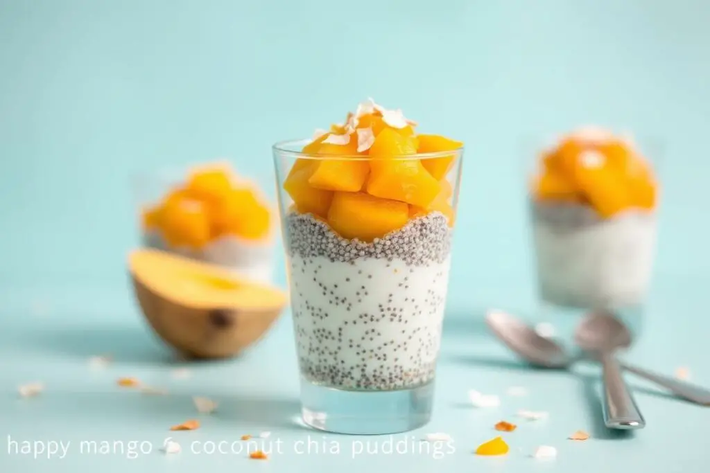 Tropical mango coconut chia pudding layered in a glass with fresh mango chunks on top Tropical mango coconut chia pudding layered in a glass with fresh mango chunks on top