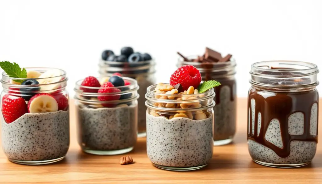 Various chia pudding jars arranged for meal prep with different toppings