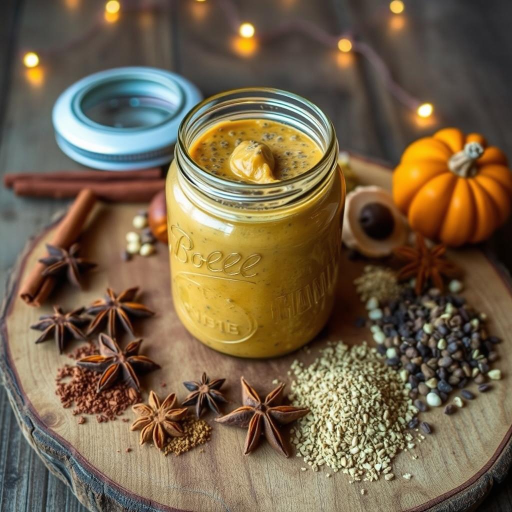 Various spices surrounding a jar of pumpkin chia pudding Various spices surrounding a jar of pumpkin chia pudding