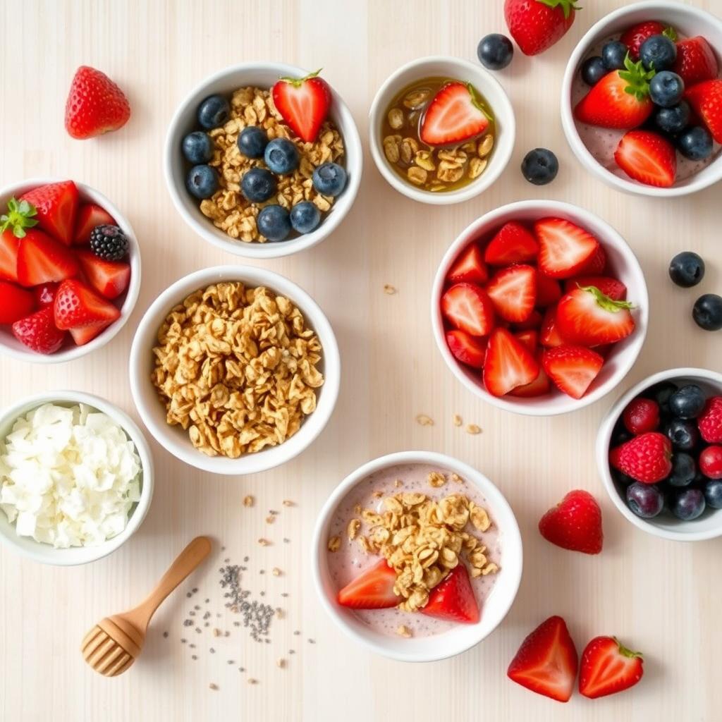 Various toppings for strawberry chia pudding Various toppings for strawberry chia pudding