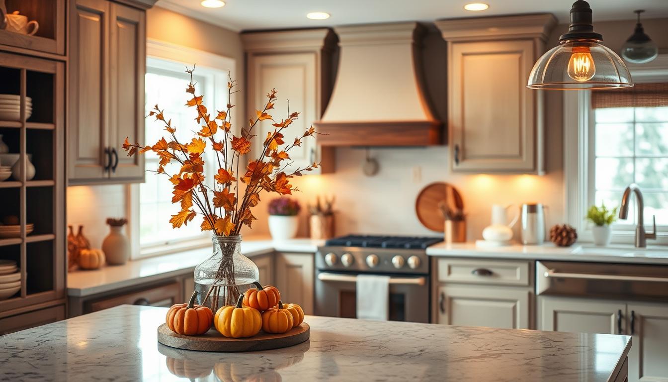 Cozy fall kitchen with warm lighting, pumpkins, and autumn foliage