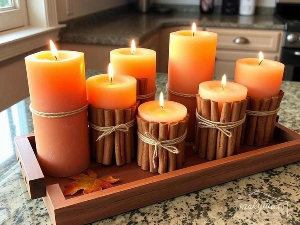 DIY cinnamon stick candles on a wooden tray in a fall kitchen setting DIY cinnamon stick candles on a wooden tray in a fall kitchen setting