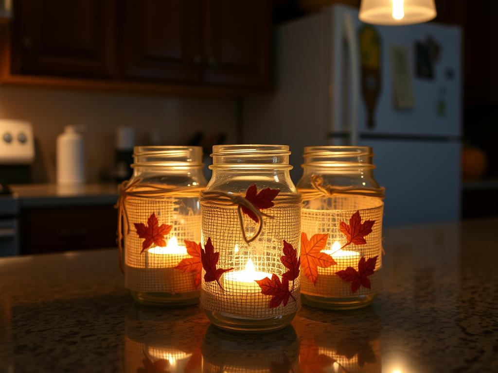 DIY mason jar luminaries with fall decorations creating warm light DIY mason jar luminaries with fall decorations creating warm light