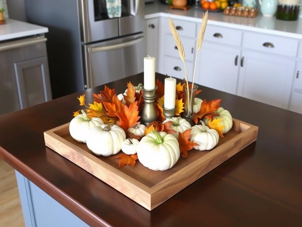 Fall centerpiece on a kitchen island with layered elements of varying heights Fall centerpiece on a kitchen island with layered elements of varying heights