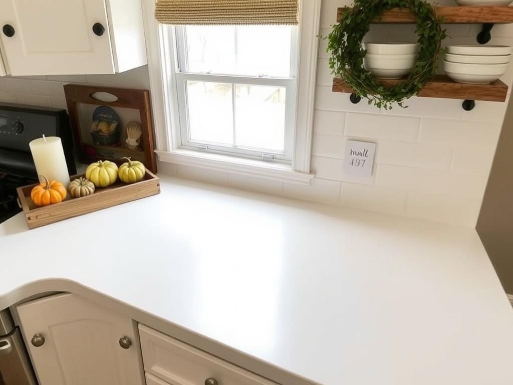 Kitchen counter styled for fall with practical organization and seasonal accents Kitchen counter styled for fall with practical organization and seasonal accents