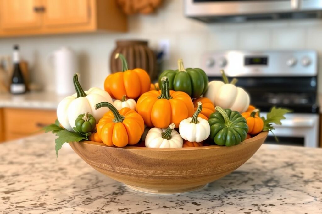 Mini pumpkins and gourds arranged on a kitchen counter for fall decor Mini pumpkins and gourds arranged on a kitchen counter for fall decor