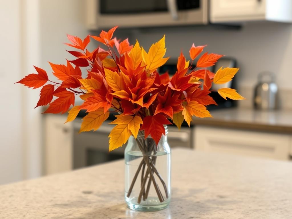 Simple fall foliage arrangement in a vase on a kitchen counter Simple fall foliage arrangement in a vase on a kitchen counter