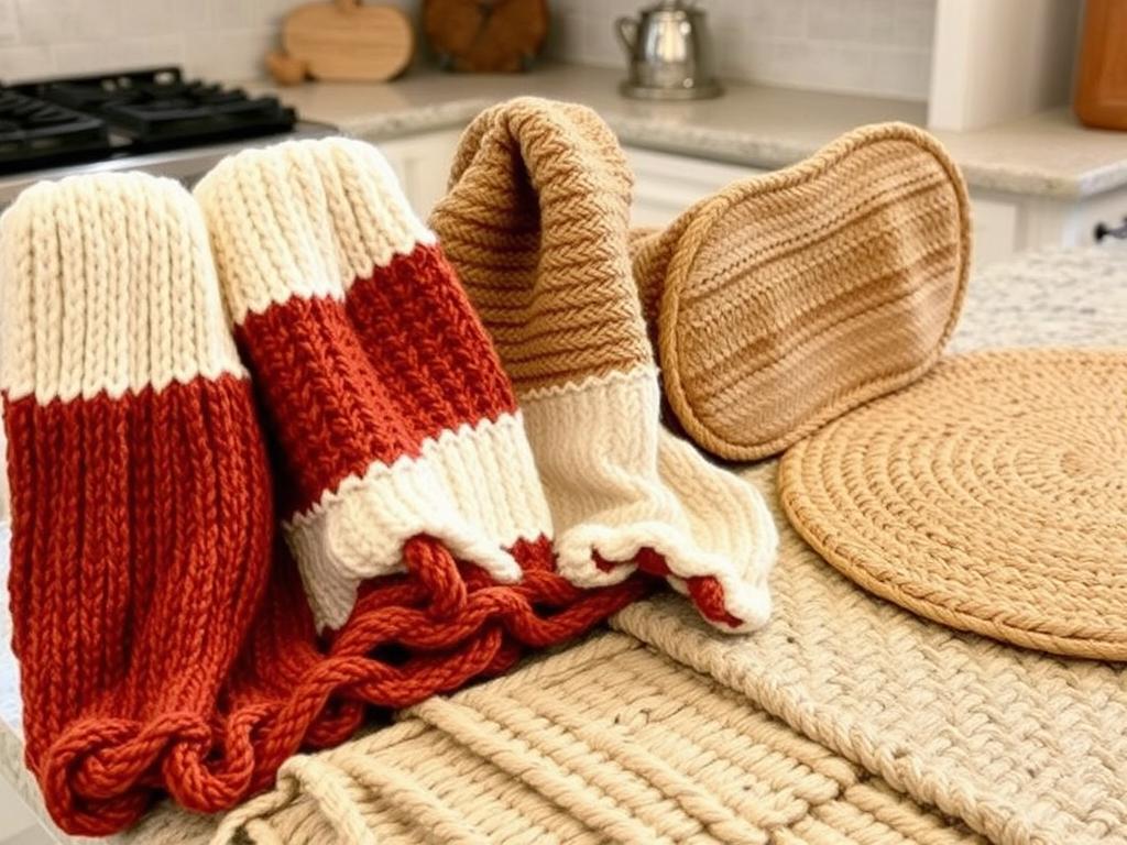 Textured kitchen linens including knitted towels and woven placemats in fall colors Textured kitchen linens including knitted towels and woven placemats in fall colors