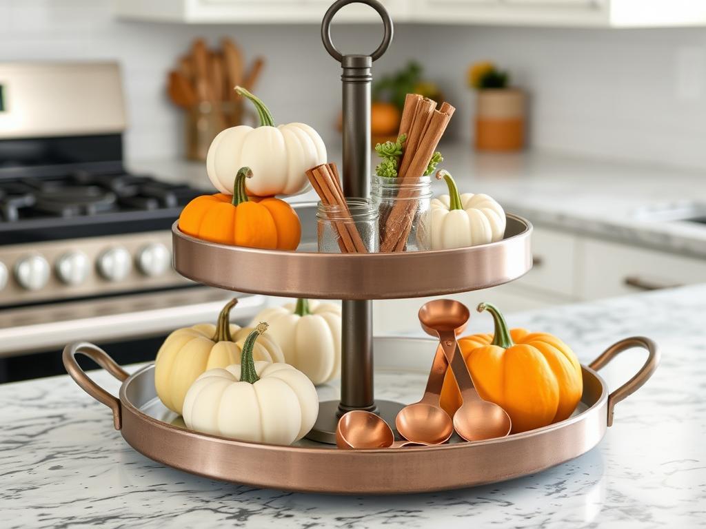 Tiered tray with mini pumpkins, cinnamon sticks, and fall decor elements Tiered tray with mini pumpkins, cinnamon sticks, and fall decor elements