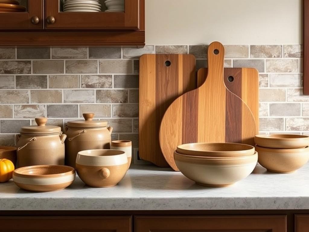 Wooden and ceramic decor elements arranged on a kitchen counter Wooden and ceramic decor elements arranged on a kitchen counter