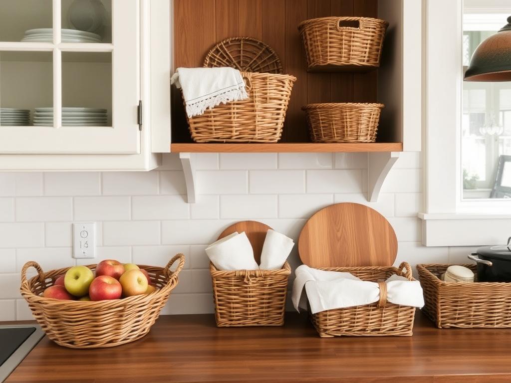 Woven baskets used for functional fall kitchen storage and display Woven baskets used for functional fall kitchen storage and display