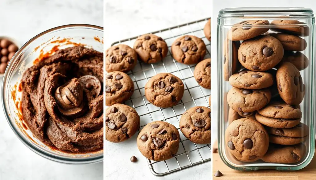 Chocolate breakfast cookies in various stages - dough, freshly baked, and stored Chocolate breakfast cookies in various stages - dough, freshly baked, and stored