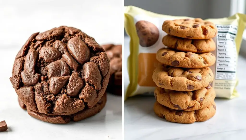 Comparison of homemade chocolate breakfast cookies next to store-bought cookies Comparison of homemade chocolate breakfast cookies next to store-bought cookies