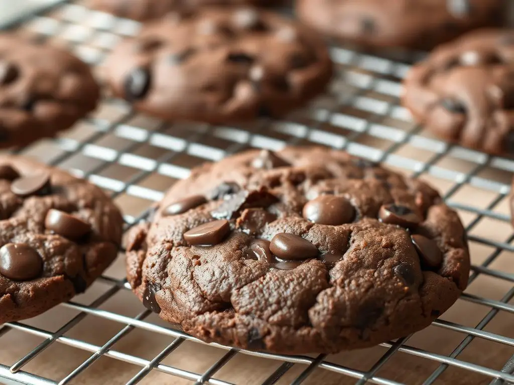 Freshly baked chocolate breakfast cookies cooling on a wire rack Freshly baked chocolate breakfast cookies cooling on a wire rack