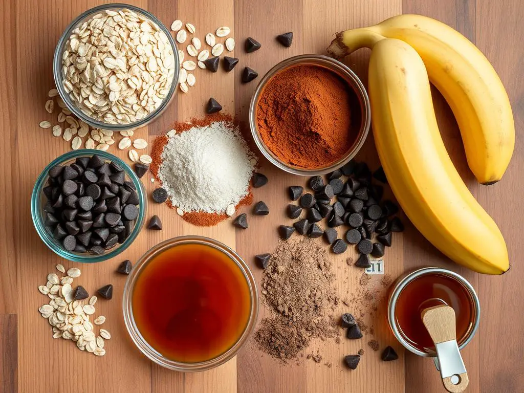 Ingredients for chocolate breakfast cookies laid out on a wooden surface Ingredients for chocolate breakfast cookies laid out on a wooden surface