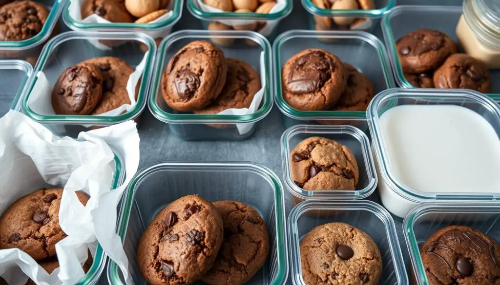 Meal prep containers with chocolate breakfast cookies packed for the week Meal prep containers with chocolate breakfast cookies packed for the week