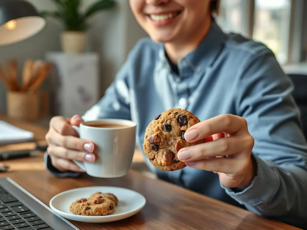 Person enjoying a chocolate breakfast cookie with coffee while working Person enjoying a chocolate breakfast cookie with coffee while working