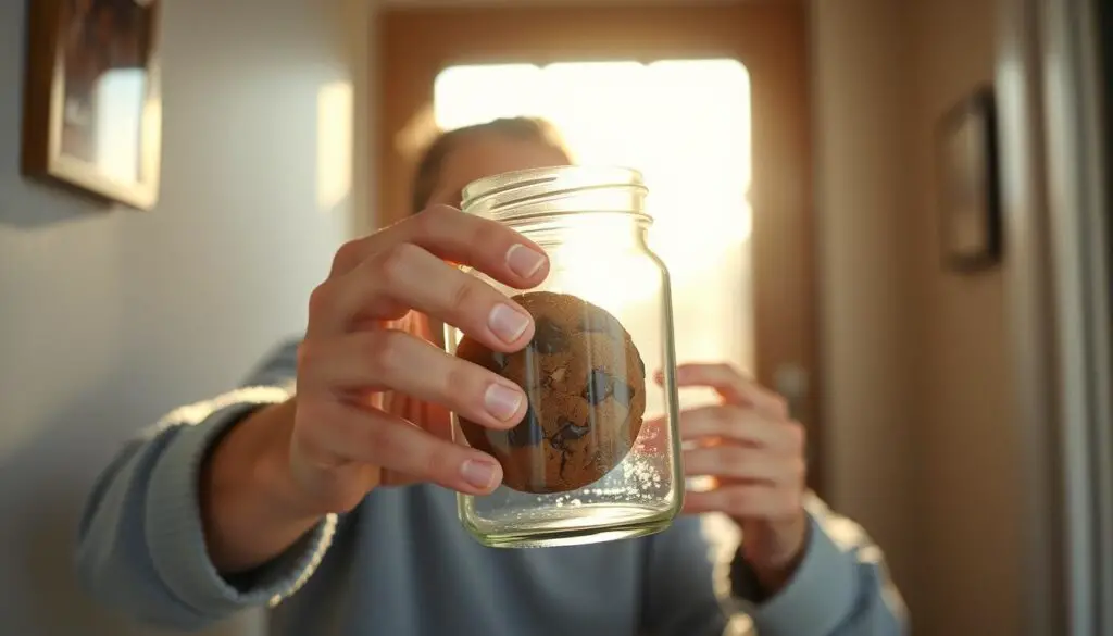 Person grabbing a chocolate breakfast cookie from a jar while heading out the door Person grabbing a chocolate breakfast cookie from a jar while heading out the door