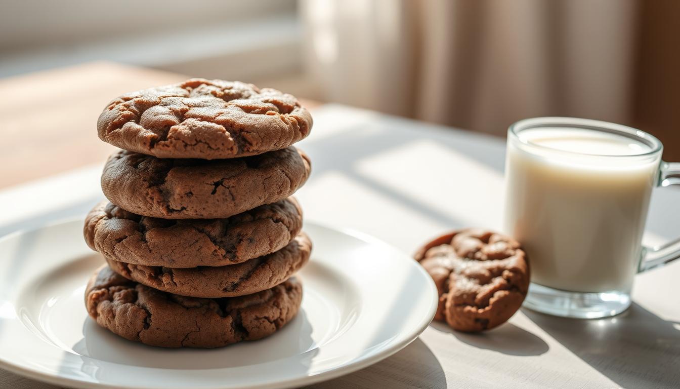 Stack of chocolate breakfast cookies on a white plate with a glass of milk