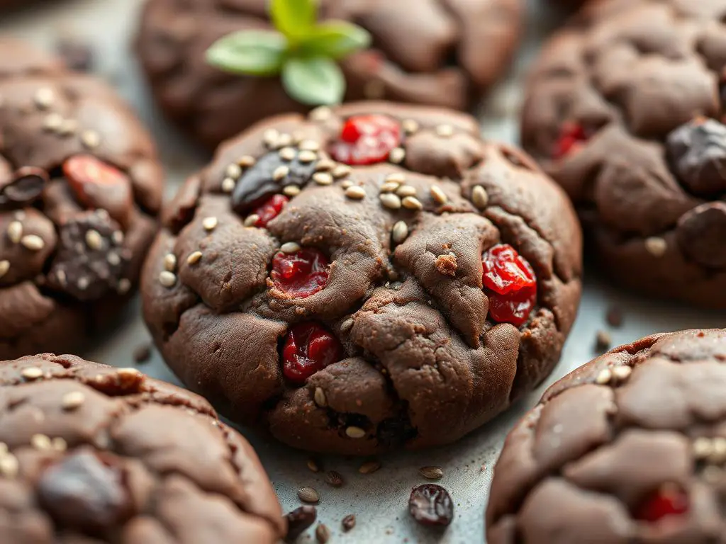 Superfood chocolate breakfast cookies with visible seeds and berries Superfood chocolate breakfast cookies with visible seeds and berries