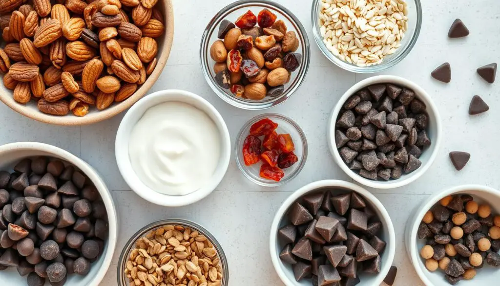 Various mix-ins for chocolate breakfast cookies including nuts, seeds, and dried fruits Various mix-ins for chocolate breakfast cookies including nuts, seeds, and dried fruits